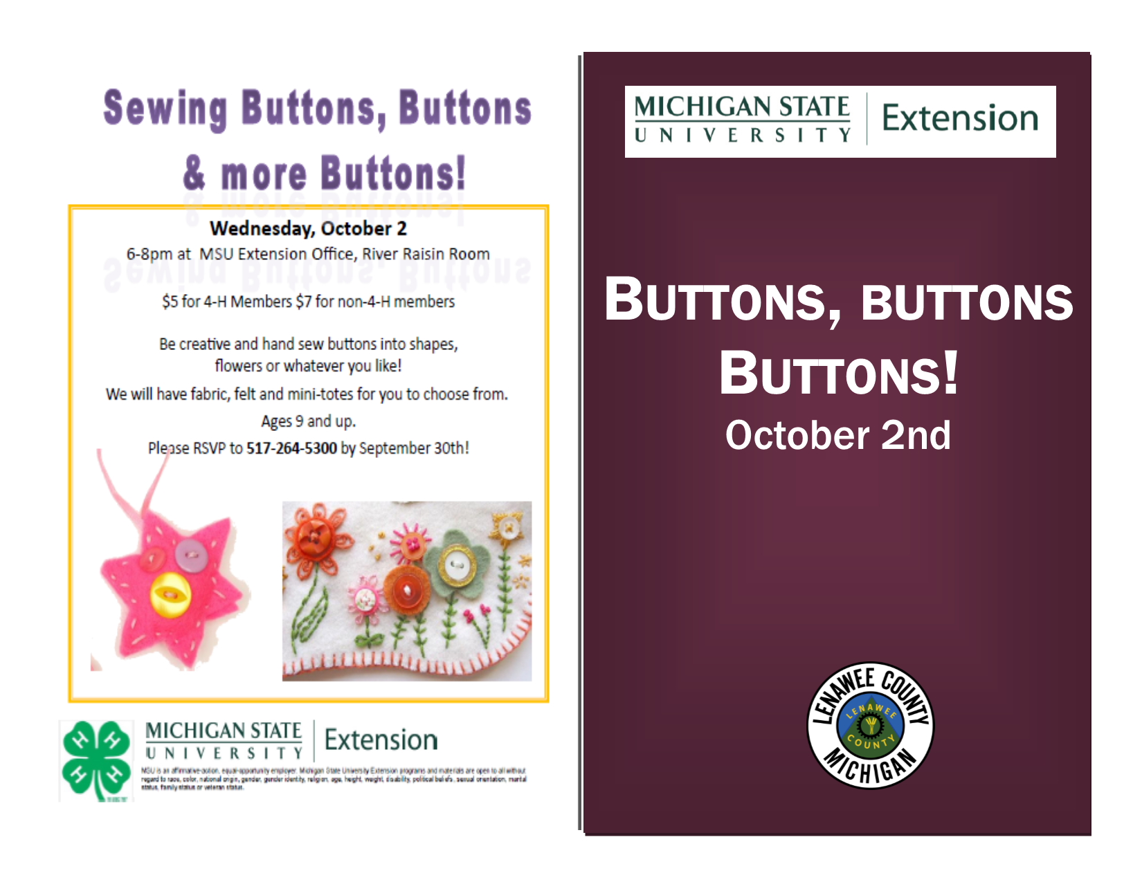 Button Workshop info with handmade flower buttons