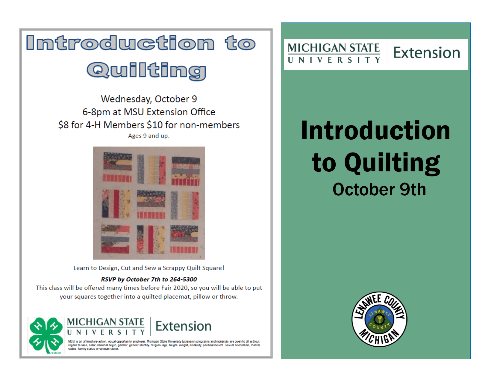 Quilt workshop info with sample quilt blocks